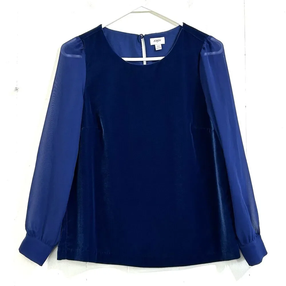 J.Crew Velvet Puff-Sleeve Top Size XXS Blue Round Necklace Pullover Blouse Top